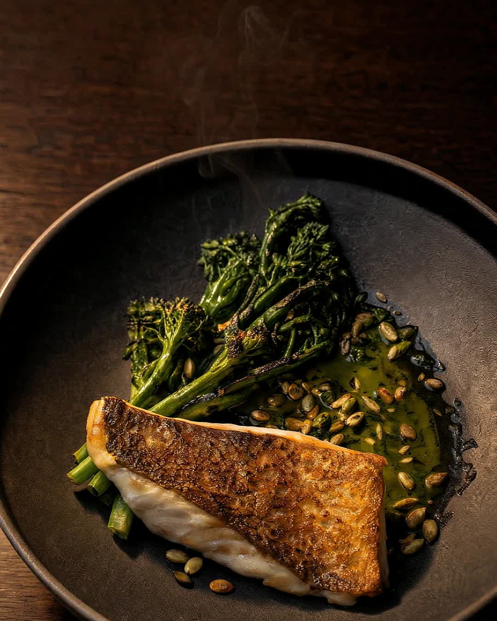Seared fish with charred broccolini, from the Restaurant Pack