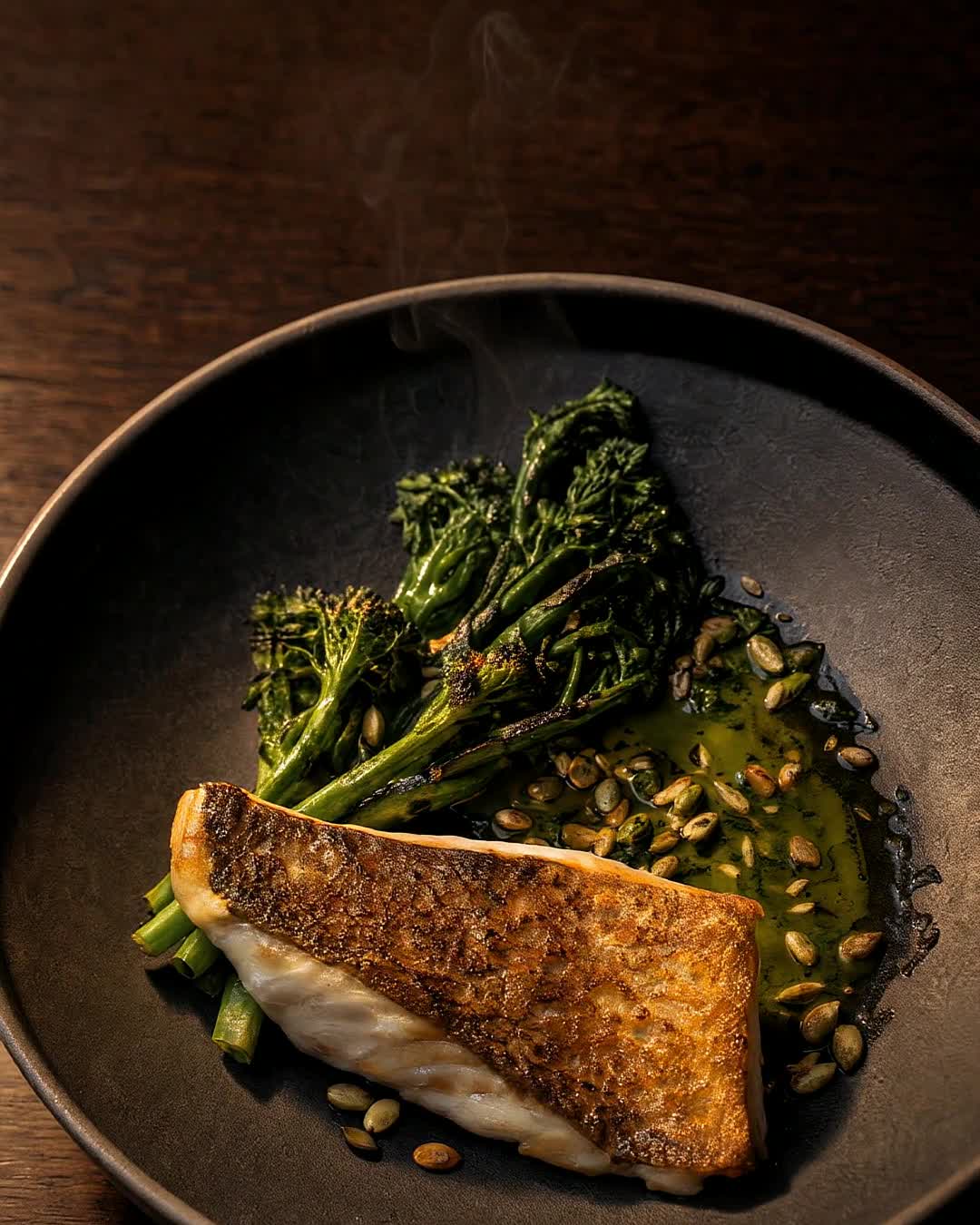 Seared fish with charred broccolini, from the Restaurant Pack